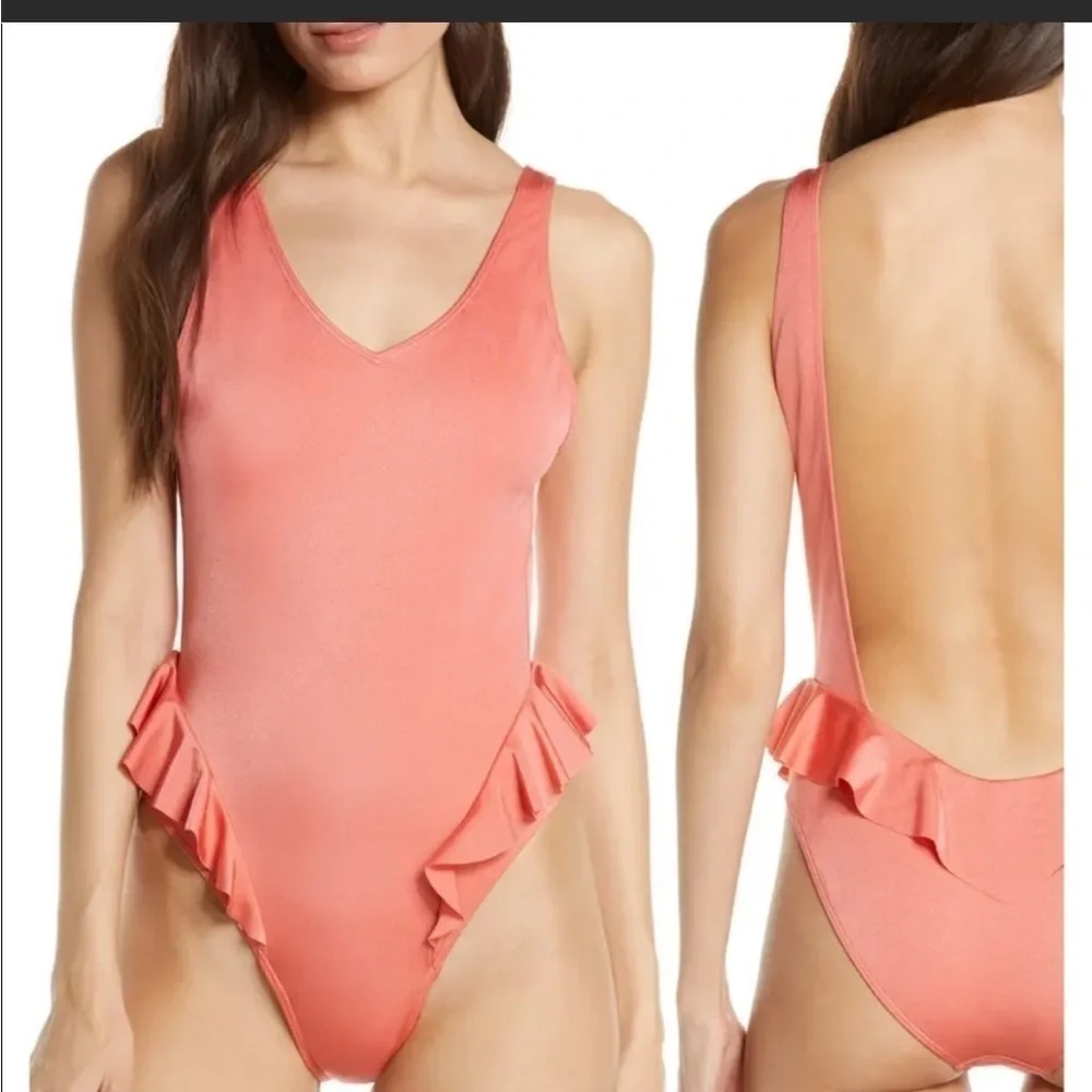 Something Navy Ruffle Swimsuit One Piece Coral Sz m NEW